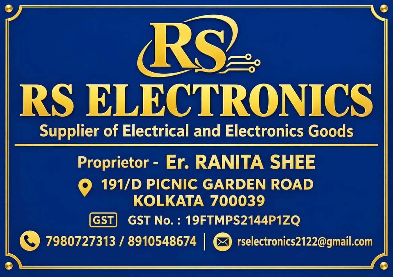 RS Electronics business card with address and contact details